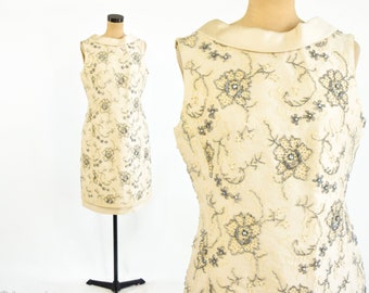 1960s Creme Beaded Silk Cocktail Dress | Vintage Beige Floral Lace,Shift.  Medium