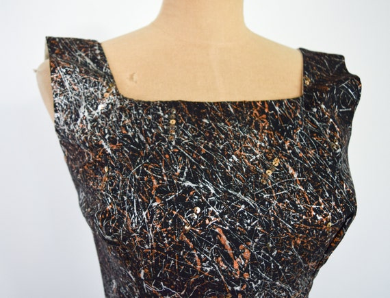 1950s Black Painted Sequin Party Dress | 50s Blac… - image 10