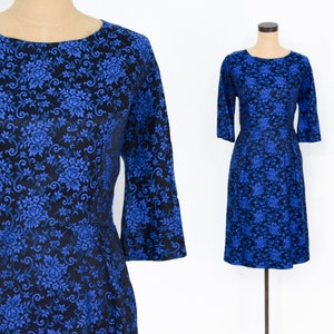 1950s Blue Brocade Dress | 50s Royal Blue Brocade Party Dress | Medium