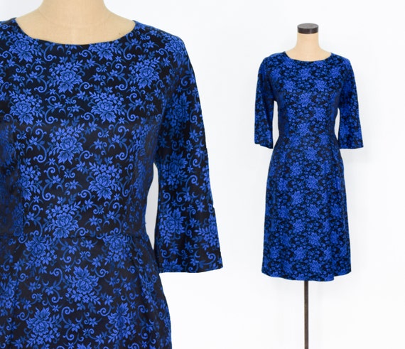 1950s Blue Brocade Dress | 50s Royal Blue Brocade