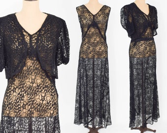 1930s Black Lace Evening Dress | 30s Black Floral Lace Gown with Bolero Jacket | Old Hollywood | Large