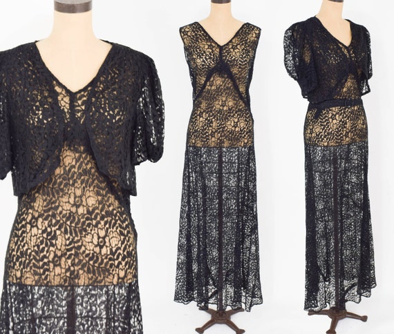1930s Black Lace Evening Dress & Bolero | Black Lace Gown Jacket, Large - Etsy 1930s Black Lace Evening Dress & Bolero | Black Lace Gown Jacket, Large - Etsy
