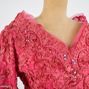 1940s Coral Pink Lace & Rhinestone Evening Gown 40s Pink Soutache Lace Rhinestone Dress Old Hollywood Medium image 8