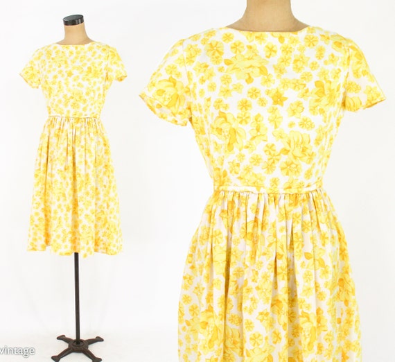 1950s Yellow Floral Print Dress | 50s Yellow Flow… - image 1