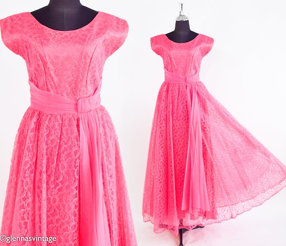 1950s Pink Lace Evening Dress | 50s Pink Lace For… - image 1