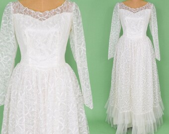 1950s White Lace Wedding Gown | 50s White Lace Full Long Sleeve Dress | Wedding Gown | Medium