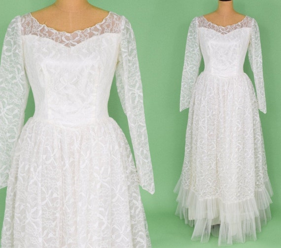 1950s White Lace Wedding Gown | 50s White Lace Fu… - image 1