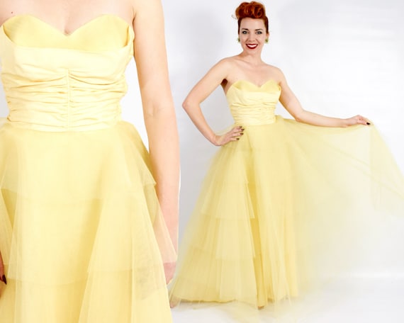 1940s Yellow Tulle Strapless Formal | 40s Yellow T