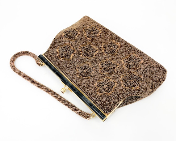 1960s Brown Beaded Evening Bag |60s Bronze Floral