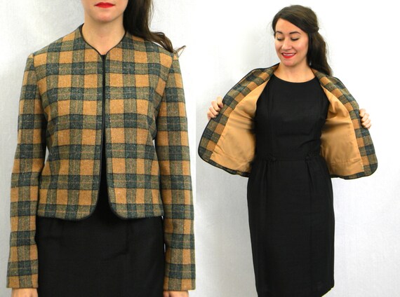 1950s Camel Wool Plaid Jacket | 50s Brown Plaid Wo