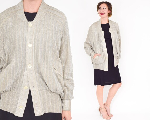 1980s Silver Lamé Cardigan Sweater | 80s Silver Knit Evening Jacket | Bobbie Too | Large
