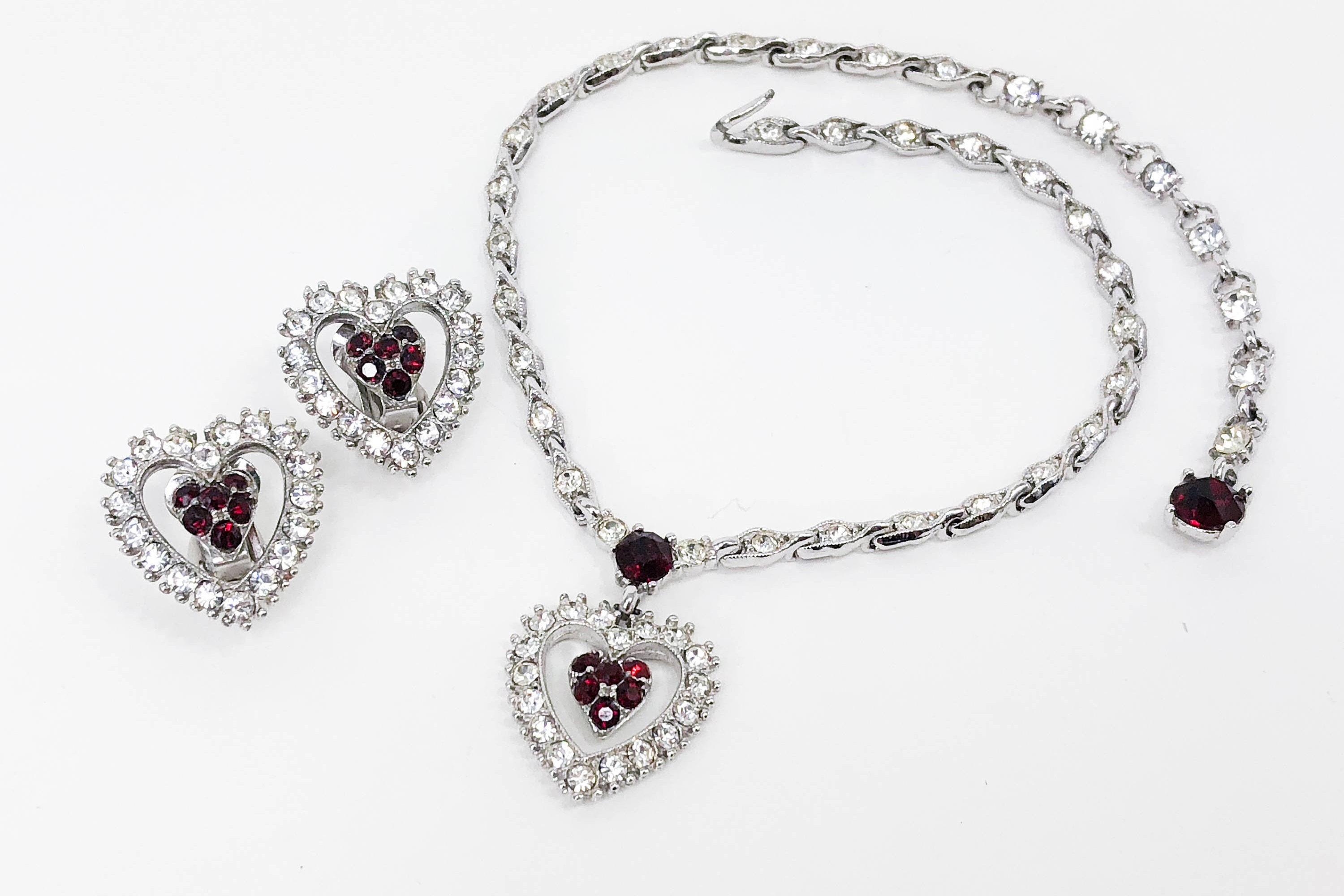 Bogoff | 1960s Rhinestone Heart Necklace & Earrings | 60s