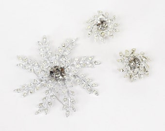 1960s Rhinestone Snowflake Pin Set | 60s Rhinestone Flower Brooch & Earrings | Sarah Coventry