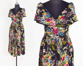 1940s Black Floral Party Dress | 40s Black Flowered Rayon Print Dress | X Small