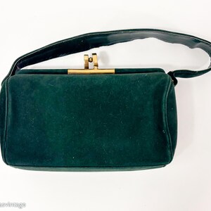 1940s Dark Green Suede Box Purse | Vintage Handbag With Gold