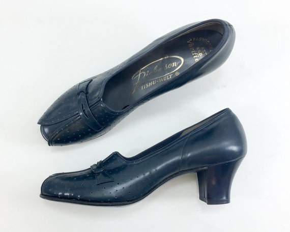 1940s Navy Peep Toe Heels | 40s Navy Leather Heel… - image 5