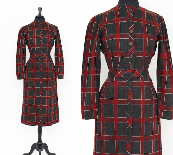 1950s Red & Gray Plaid Suit | 50s Gray Plaid Wool