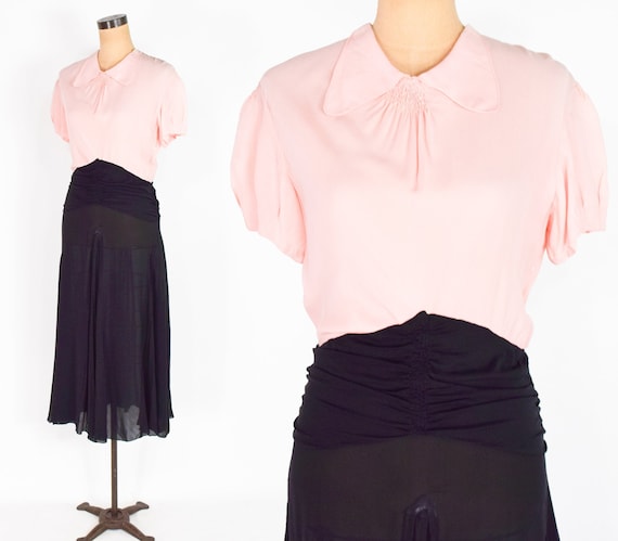 1930s Pink & Black Silk Dress | 30s Black Pink Sil