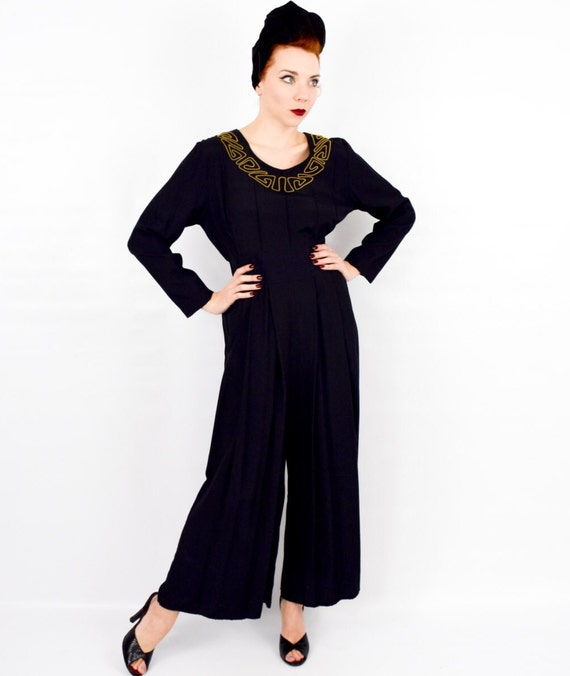 1990s Black Jumpsuit | 90s Black Wide Leg Jumpsui… - image 3