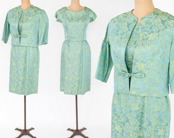 1950s Turquoise Brocade  Dress Jacket Set | 50s Blue Gold Brocade Sheath Dress Set | R&K Originals | Medium