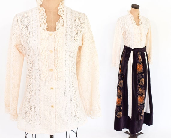 1970s Brown Velvet Lace Maxi Skirt Set | 70s Lace