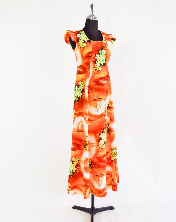 1970s Orange Floral Maxi Dress | 70s Orange Hawai… - image 3