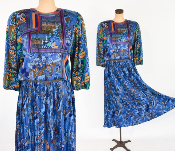 Diane Freis | 1980s Blue Wool Print Dress | 80s B… - image 2