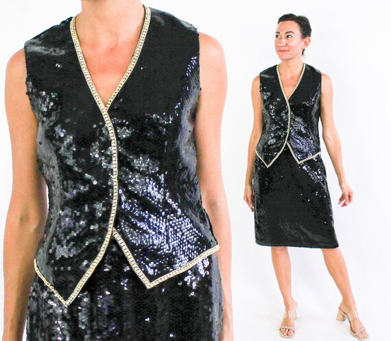 black sequin vest dress Women's Long Black Sequin Vest With Velvet Hood | Medium