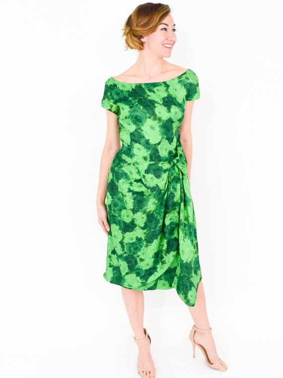 1950s Green Silk Floral Party Dress | Carlye Dres… - image 6