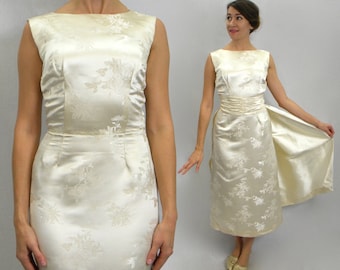 1950s Creme Silk Brocade Dress | 50s White Silk Satin Sheath Dress | Wedding Gown | Small