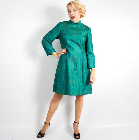 1960s Emerald Green Shift Dress | 60s Green Quilt… - image 3