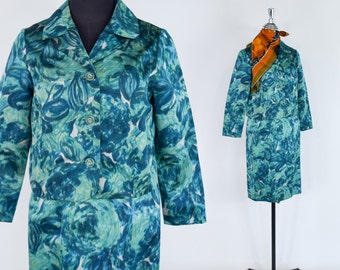 1960s Turquoise Floral Silk Skirt Suit | 60s Blue Silk Faille Skirt & Jacket Set | Medium