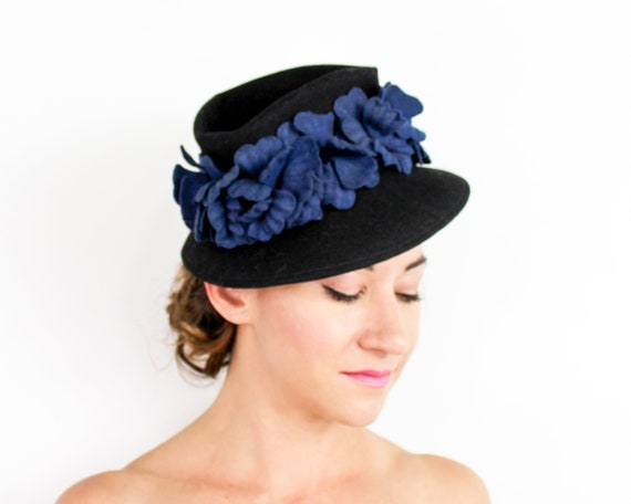 1940s Black Wool Felt Hat | 40s Black & Blue Felt