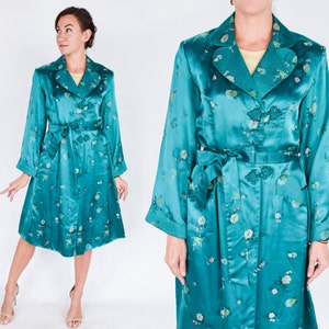 1960er Jahre Smaragdgrüner Seidenbrokatmantel | 60er Jahre Aqua Seiden Abendmantel | Pfingstrose | Mittelgroß