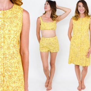 Jantzen | 1950s Yellow Print Swimsuit Set | 50s Yellow Cotton Bikini & Dress |  Jantzen | Small