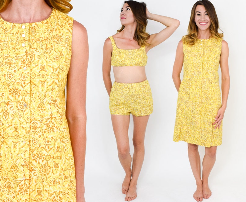 Jantzen 1950s Yellow Print Swimsuit Set 50s Yellow Cotton Bikini & Dress Jantzen Small image 1