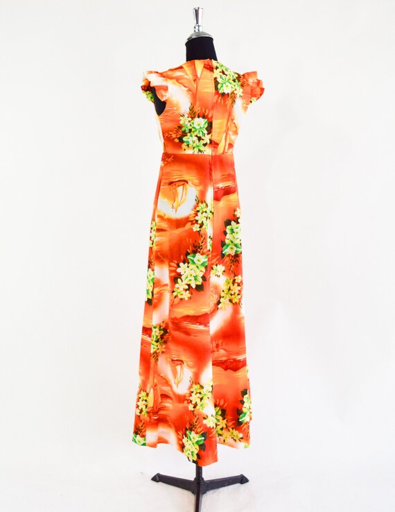 1970s Orange Floral Maxi Dress | 70s Orange Hawai… - image 6