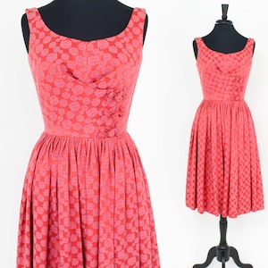 1950s Coral Brocade Party Dress | 50s Pink Cotton Brocade Dress | Tailored Junior | Medium