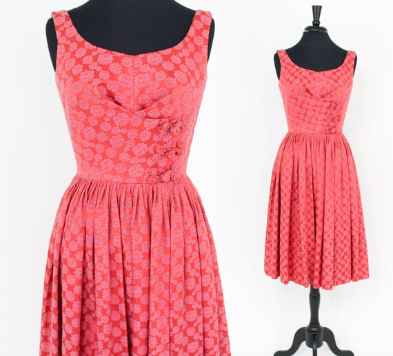 1950s Coral Brocade Party Dress | 50s Pink Cotton
