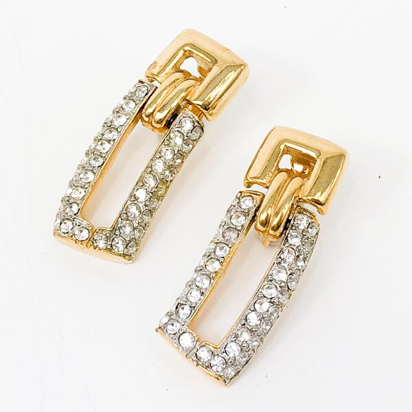 1980s Givenchy Earrings | 80s Gold Rhinestone Evening Earrings | Door-knocker Style | Givenchy Jewelry