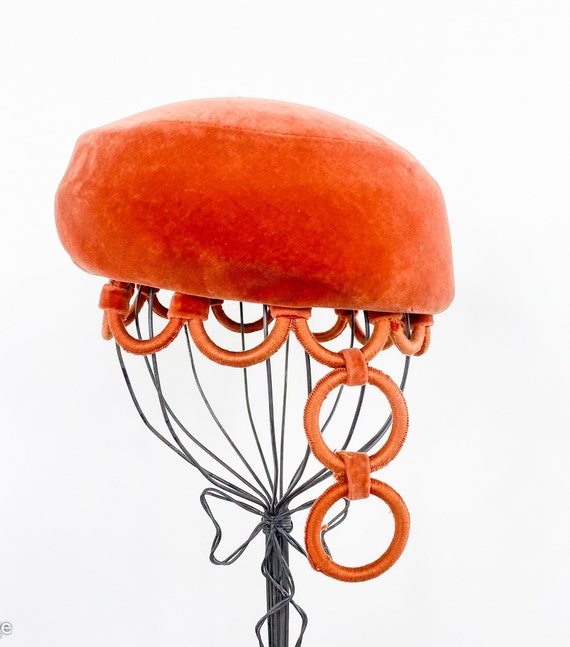 1950s Orange Velvet Hat | 50s Orange Cotton Velve… - image 4