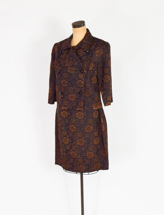 1960s Brown Brocade Suit | 60s Black & Brown Broc… - image 3