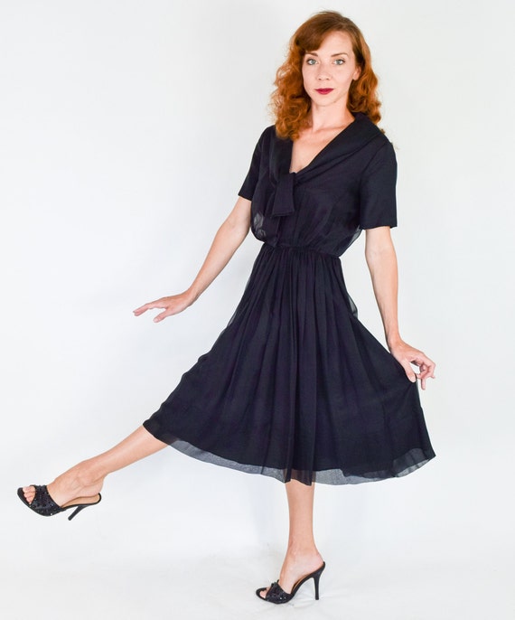 1950s Black Chiffon Dress | 50s Black Chiffon Par… - image 3