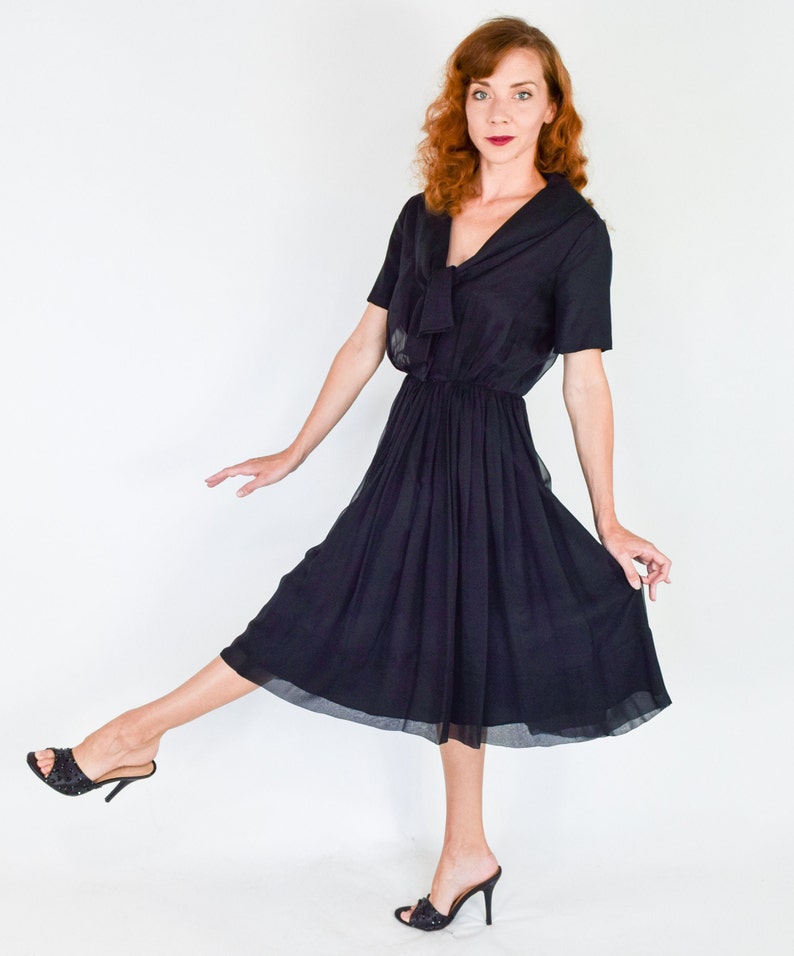 1950s Black Chiffon Dress 50s Black Chiffon Party Dress Sophisticated Miss Medium image 3