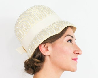 1960s White Wool Bucket Hat | 60s Creme Wool Felt & Sequin Swirl Hat | Jackie O