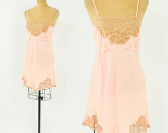 1920s Peach Silk Slip Lingerie | 20s Pink & Beige Lace Slip | Peach Romper | Small