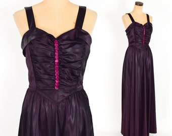 1940s Purple Satin Evening Dress | 40s Deep Purple Satin Evening Gown | Old Hollywood | Medium