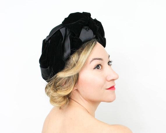 1940s Black Velvet Turban | 40s Black Velvet & Sat