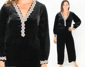 1970s Black Velvet Jumpsuit | 70s Black Jumpsuit | Small