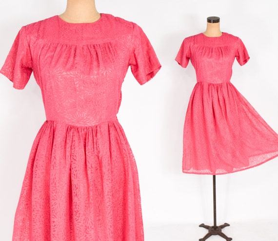 1950s Pink Floral Dress | 50s Bright Pink Chiffon… - image 2